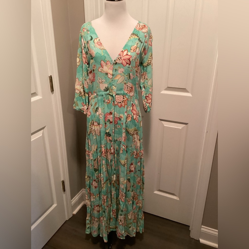 Anthropology Sunday Mi Amor XSmall Mint Green Floral Flowy Maxi Summer